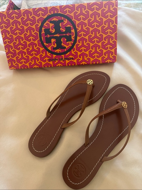 Tory Burch Shoes - Tory Burch Brown Leather Logo Thong Sandals with Gold Accent